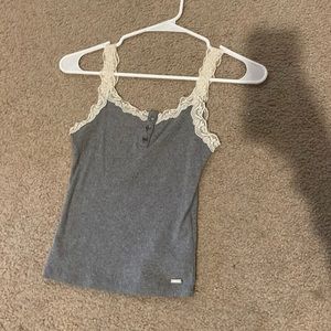 Grey, lace straps, button, XS, hollister tank. Lightly worn, great condition.